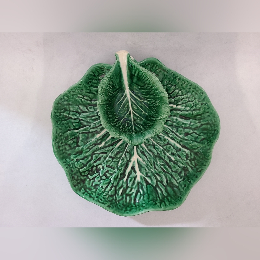 Vintage Secla Portugal Green Cabbage Majolica Chip & Dip Platter